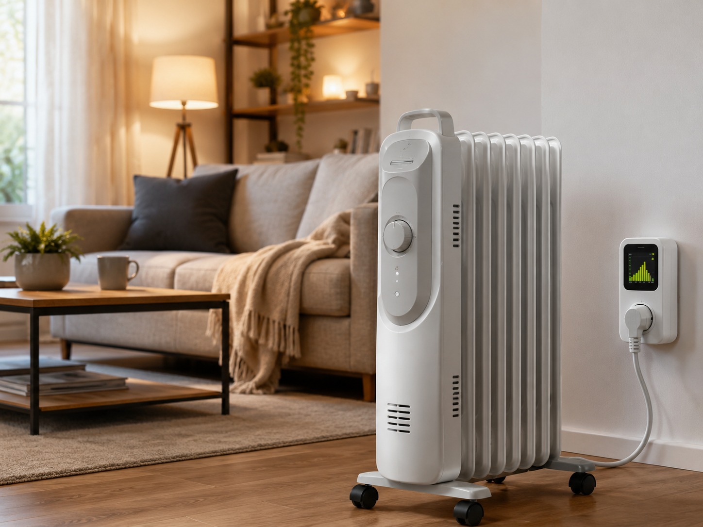 Radiador eléctrico funcionando en una vivienda junto a un medidor de consumo