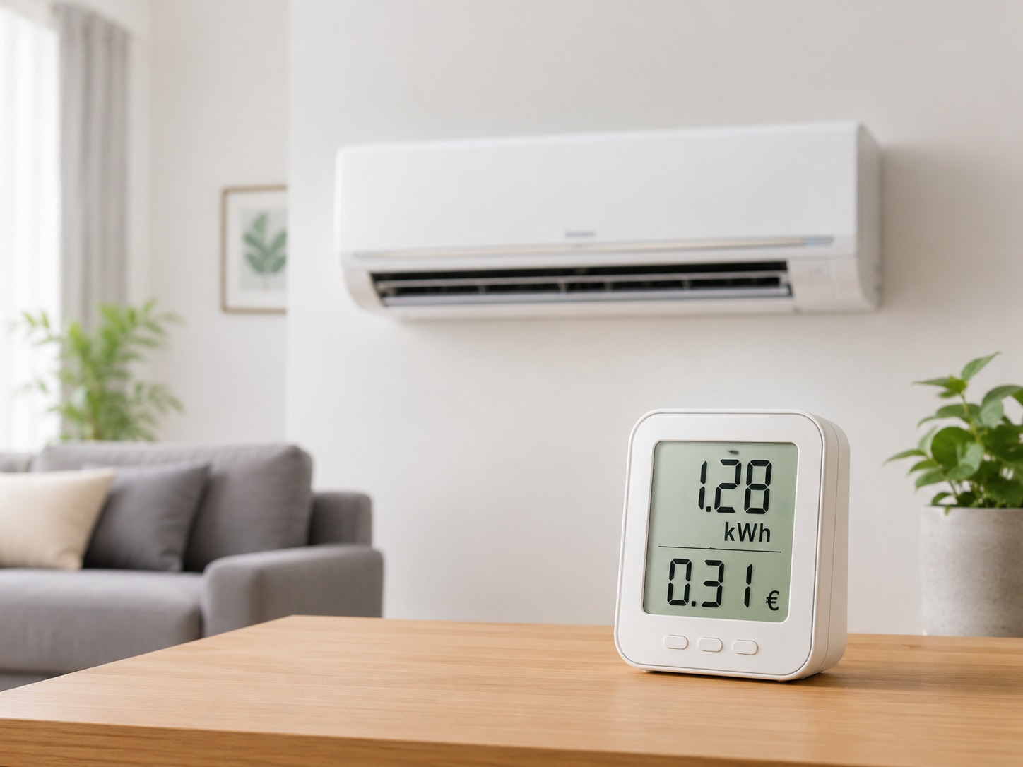 Medidor digital mostrando el consumo eléctrico de un aire acondicionado