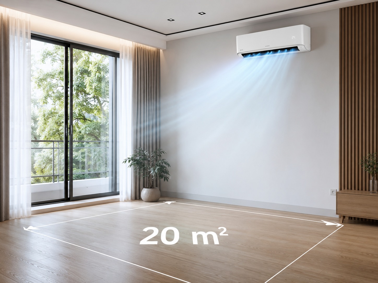 Habitación de 20 metros cuadrados con un aire acondicionado expulsando aire frío