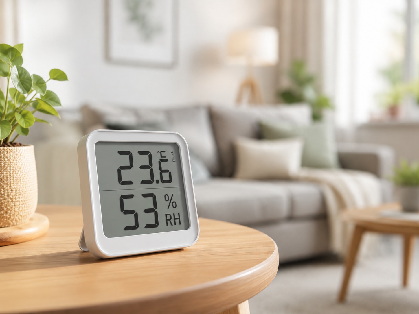 Higrómetro digital mostrando la temperatura y la humedad de un salón