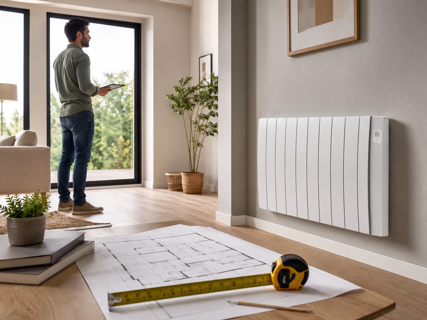 Persona midiendo una habitación para elegir la potencia de un radiador eléctrico