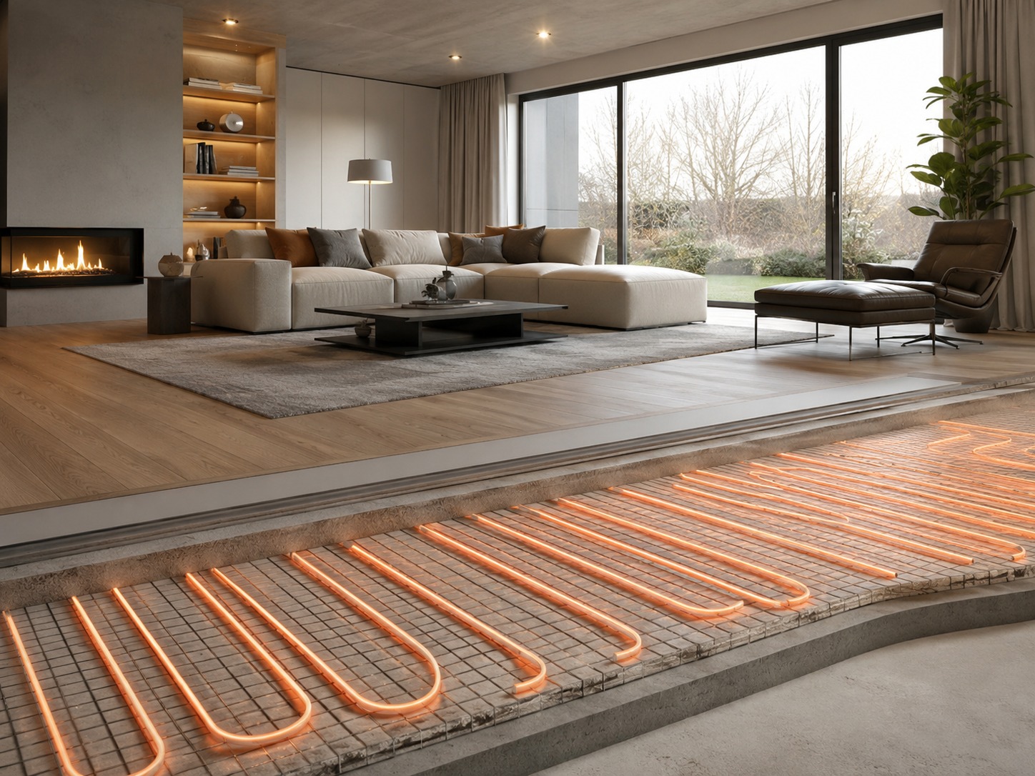 Salón moderno con la instalación de suelo radiante visible bajo el pavimento